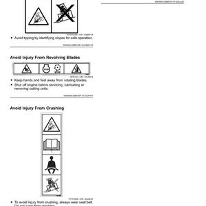 May include: A page from a manual featuring safety labels. The labels warn against hazards like tipping, revolving blades, and crushing, each with a symbol and a brief description.