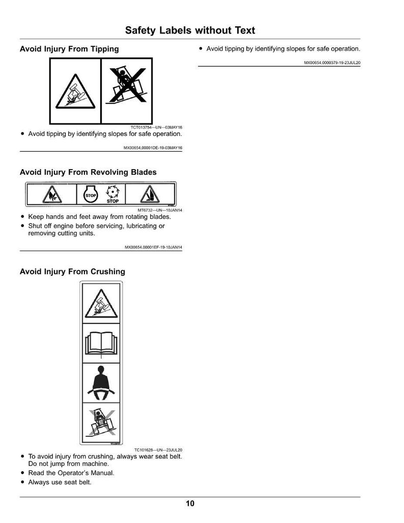 May include: A page from a manual featuring safety labels. The labels warn against hazards like tipping, revolving blades, and crushing, each with a symbol and a brief description.