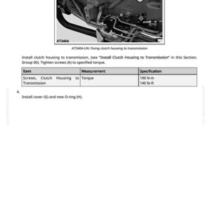May include: Image of a mechanical diagram with the text "AT3404-UN: Fixing clutch housing to transmission." The diagram includes a table specifying torque for screws at 140 lb-ft.