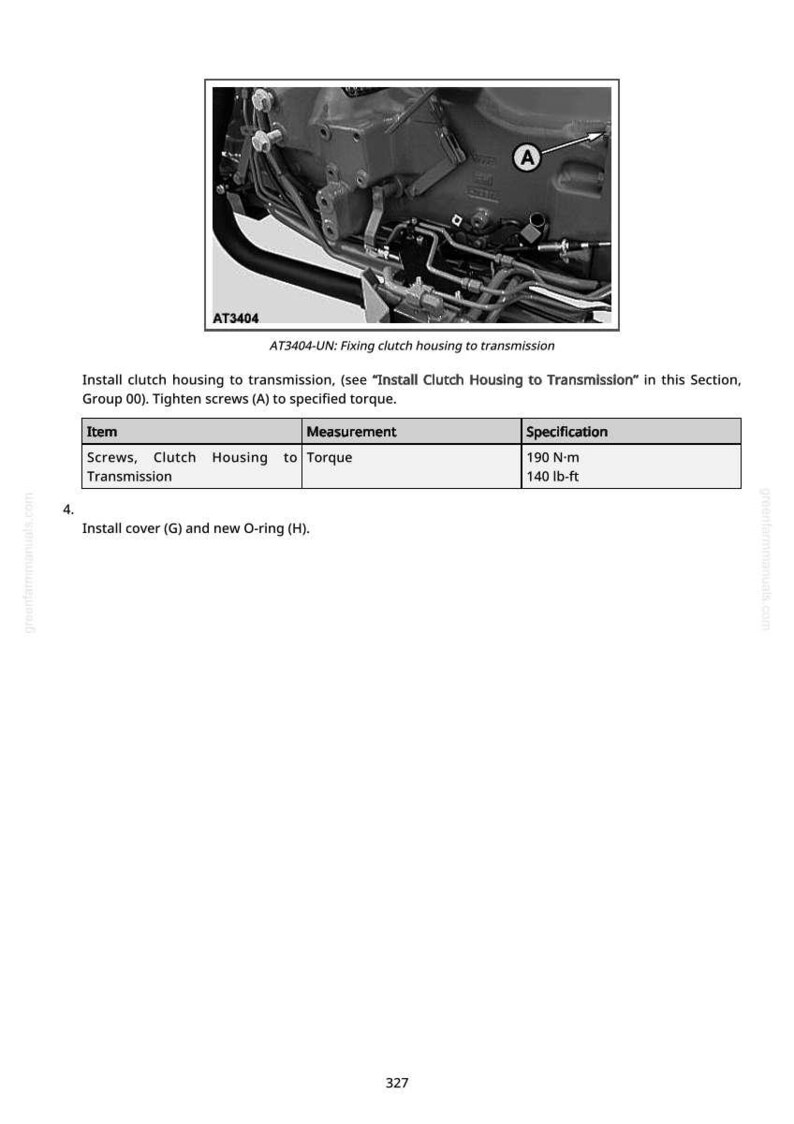 May include: Image of a mechanical diagram with the text "AT3404-UN: Fixing clutch housing to transmission." The diagram includes a table specifying torque for screws at 140 lb-ft.