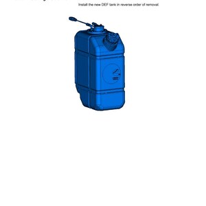 May include: A blue DEF tank, part of a tank system, is displayed on a white background. The tank is rectangular with rounded corners and a cap. The image includes text about installing the DEF tank.