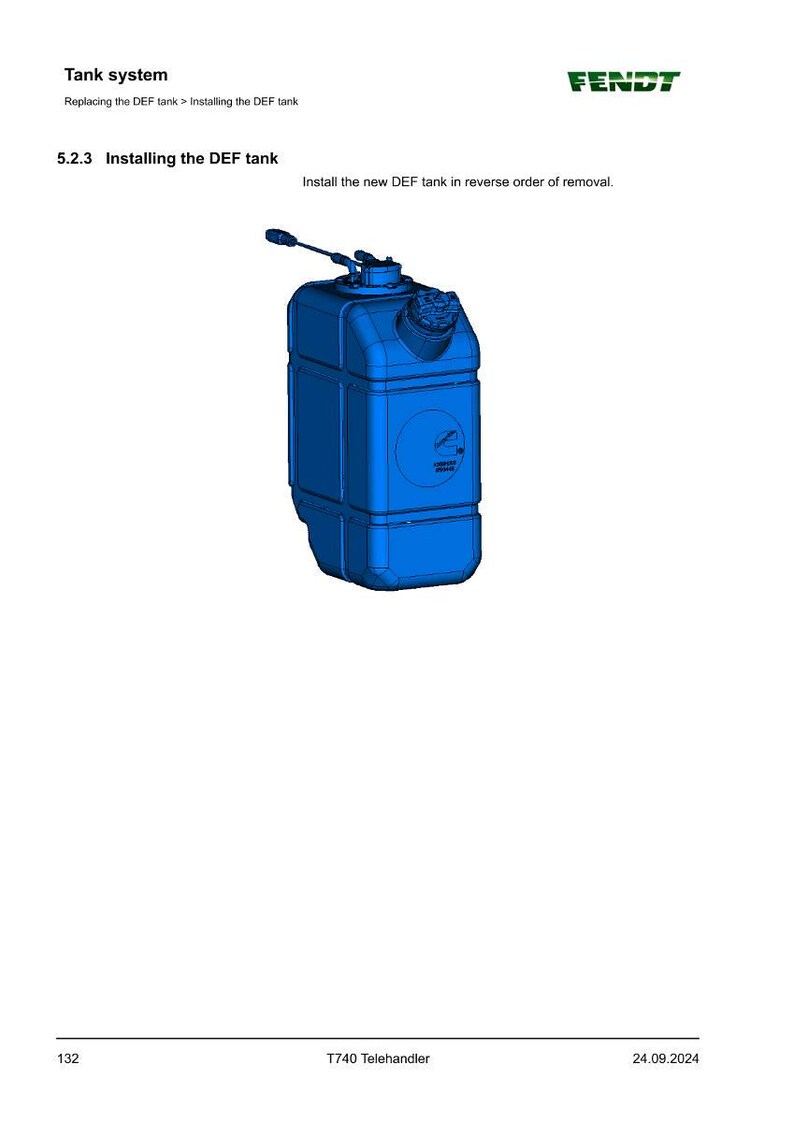 May include: A blue DEF tank, part of a tank system, is displayed on a white background. The tank is rectangular with rounded corners and a cap. The image includes text about installing the DEF tank.