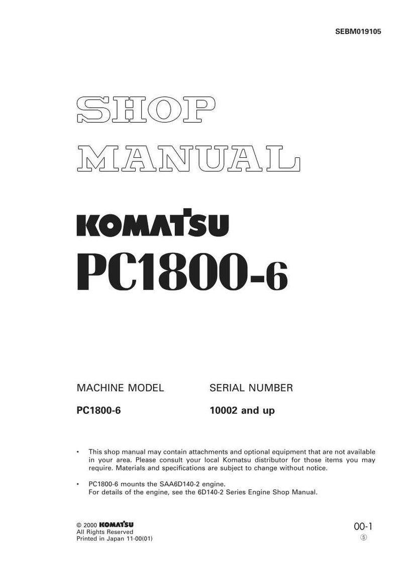 Może przedstawiać: Biała instrukcja warsztatowa dla maszyny Komatsu PC1800-6. Okładka zawiera tekst "SHOP MANUAL" pogrubioną, obramowaną czcionką, wraz z logo Komatsu i numerem modelu. Instrukcja zawiera model maszyny i numer seryjny.