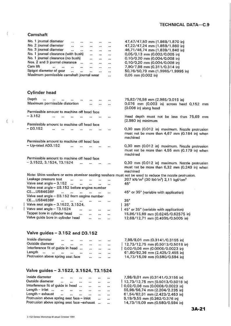 May include: Technical specifications chart for a 3.152 series engine, including measurements for camshaft, cylinder head, and valve guides. Measurements are provided in inches and millimeters.