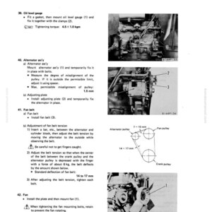 May include: Diagram of an engine assembly with labeled parts, including an oil level gauge, alternator, fan belt, and fan. The image includes measurements for belt deflection, and tightening torque. Text includes "General Assembly" and "Disassembly and Assembly."