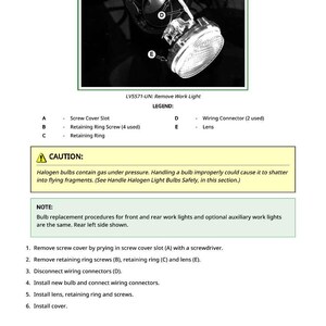 Op de afbeelding: Diagram van een werklampassemblage met labels voor componenten zoals schroefdekselsleuf, borgringschroeven en lens. Bevat een waarschuwing over het hanteren van halogeenlampen en instructies voor het vervangen van de lamp.