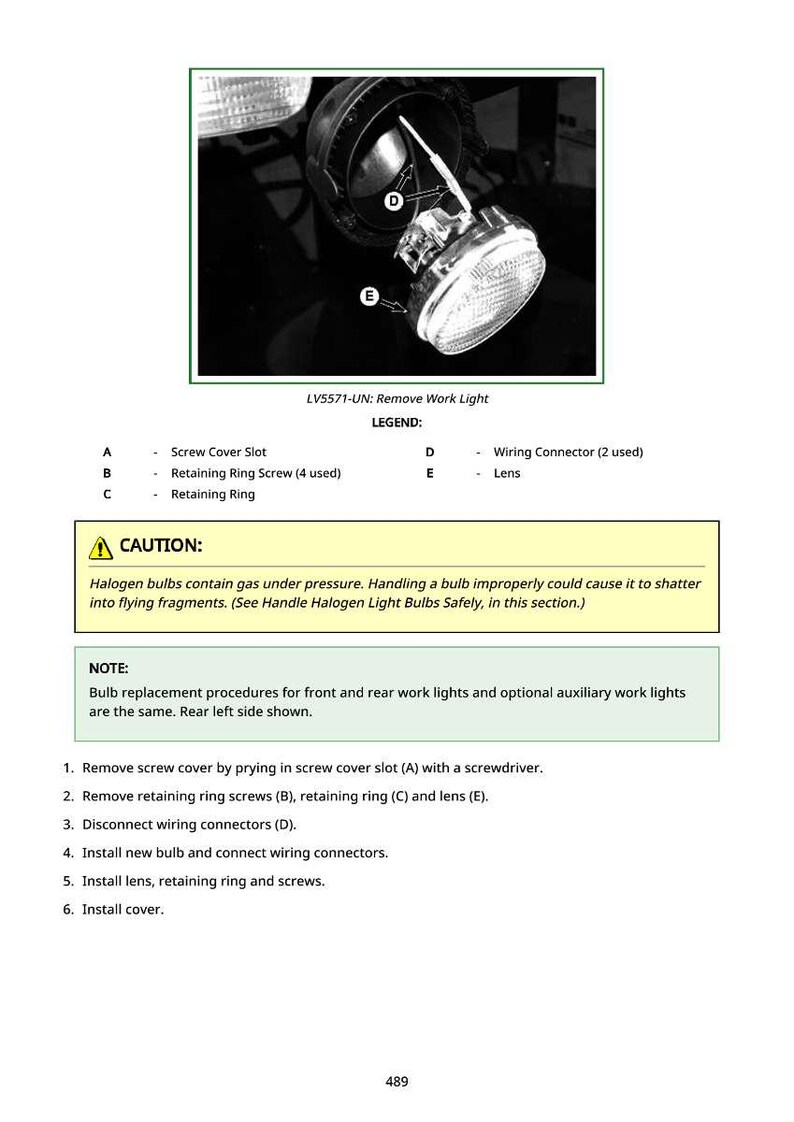 Op de afbeelding: Diagram van een werklampassemblage met labels voor componenten zoals schroefdekselsleuf, borgringschroeven en lens. Bevat een waarschuwing over het hanteren van halogeenlampen en instructies voor het vervangen van de lamp.