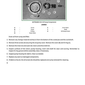 May include: Diagram showing oil pump components: screws, cover, O-ring, rotors, and shaft. The image includes a legend with component labels and maintenance instructions for inspection.