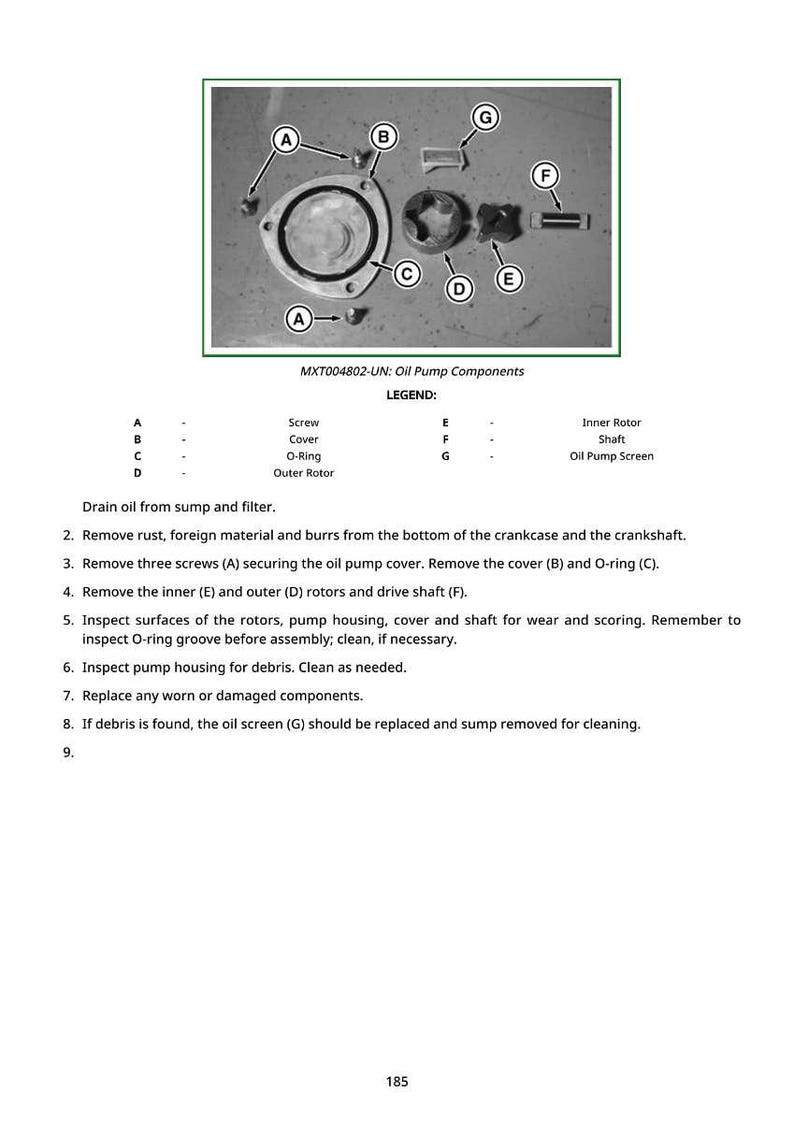May include: Diagram showing oil pump components: screws, cover, O-ring, rotors, and shaft. The image includes a legend with component labels and maintenance instructions for inspection.