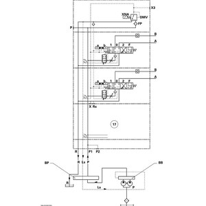 May include: Diagram of electrohydraulic spool valves, featuring a detailed schematic with labeled components. The diagram includes lines, boxes, and symbols, with text labels such as "XNA", "DMV", and "FP". The diagram is labeled "Fig. 14" and includes the text "Massey Ferguson 7400 - Issue 1".
