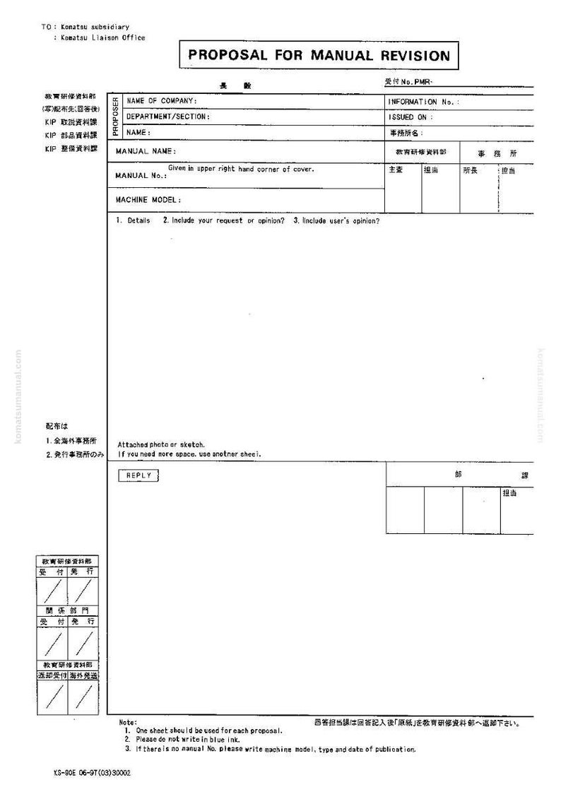 May include: A white document titled "PROPOSAL FOR MANUAL REVISION" with Japanese text. It includes fields for company name, department, manual name, and machine model. The document also has sections for details, requests, and user opinions.