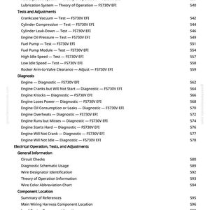 K&ouml;nnte beinhalten: Ein detailliertes Inhaltsverzeichnis aus einem Handbuch, das Themen im Zusammenhang mit Motordiagnose und -einstellungen auflistet. Abschnitte umfassen Tests, Einstellungen und elektrischen Betrieb mit Seitenzahlen. Der Text ist schwarz auf wei&szlig;em Hintergrund.