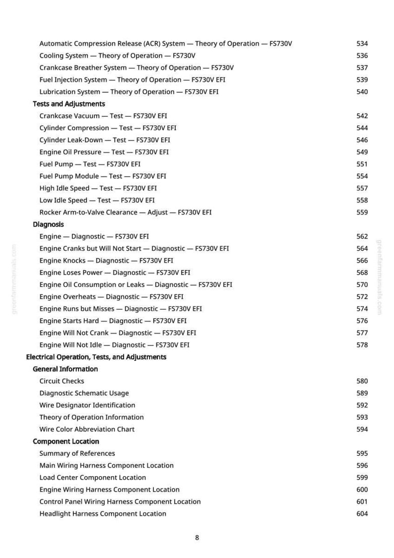 K&ouml;nnte beinhalten: Ein detailliertes Inhaltsverzeichnis aus einem Handbuch, das Themen im Zusammenhang mit Motordiagnose und -einstellungen auflistet. Abschnitte umfassen Tests, Einstellungen und elektrischen Betrieb mit Seitenzahlen. Der Text ist schwarz auf wei&szlig;em Hintergrund.