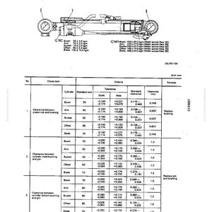 Może przedstawiać: Schemat techniczny cylindra hydraulicznego, zawierający szczeg&oacute;łowe schematy i specyfikacje. Dokument zawiera wymiary w milimetrach, z sekcjami do sprawdzania element&oacute;w, tolerancji i środk&oacute;w zaradczych. Tekst "HYDRAULIC CYLINDER" znajduje się na g&oacute;rze.