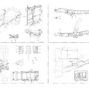 May include: A collection of eight detailed technical drawings, likely blueprints, arranged in two rows of four. The drawings are in black and white, featuring intricate line work and diagrams of mechanical components. The overall theme suggests engineering or architectural plans.