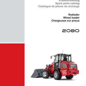May include: A red and black Weidemann wheel loader, model 2080, with a front bucket and large tires. The image includes the Weidemann logo and text in English, German, and French, indicating it is a spare parts catalog.