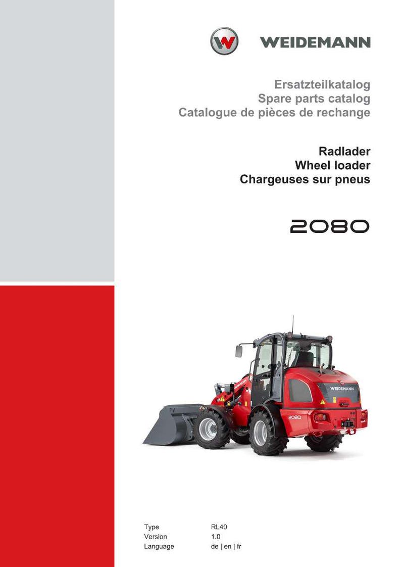 May include: A red and black Weidemann wheel loader, model 2080, with a front bucket and large tires. The image includes the Weidemann logo and text in English, German, and French, indicating it is a spare parts catalog.
