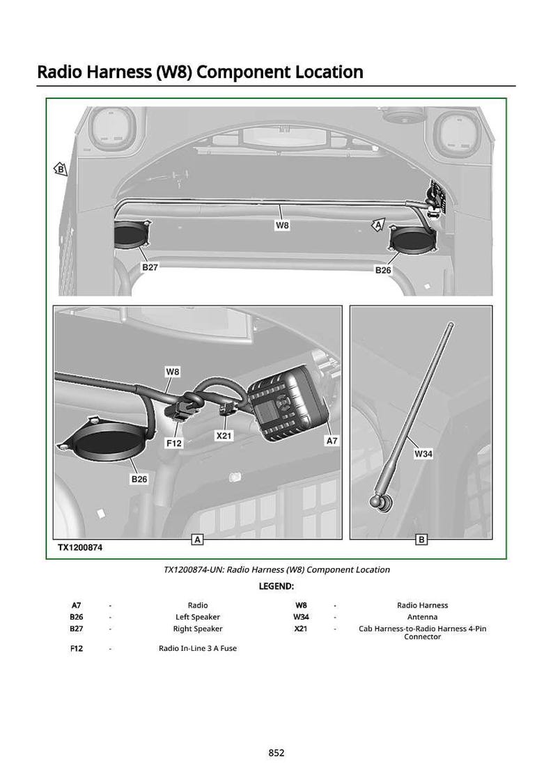 May include: Diagram of a radio harness component location, including the radio, speakers, fuse, and antenna. The image shows the W8 radio harness, with labels for each component. The text "Radio Harness (W8) Component Location" is at the top.