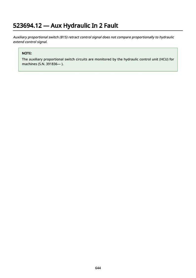 May include: A white document with the title "523694.12 - Aux Hydraulic In 2 Fault". The text describes an issue with an auxiliary proportional switch and includes a note about monitoring circuits by the hydraulic control unit.