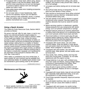 May include: A safety manual page with instructions and warnings for operating machinery. The page includes text, diagrams, and safety symbols, covering topics like spark arrestors, maintenance, and storage. The document is printed on white paper.