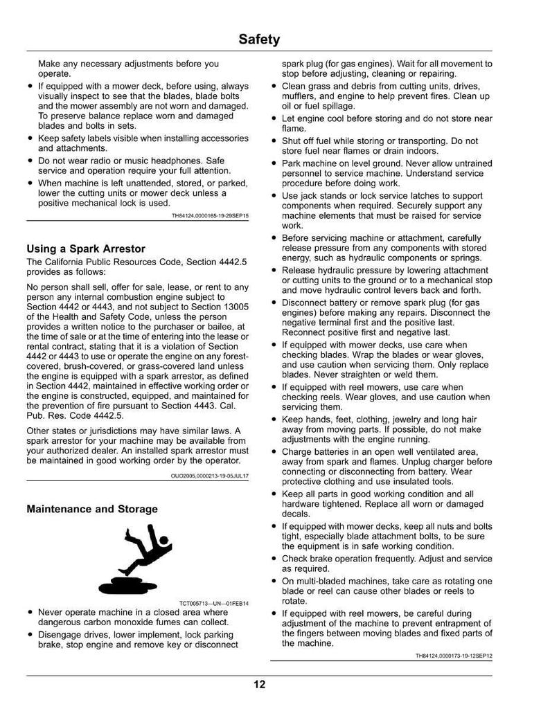 May include: A safety manual page with instructions and warnings for operating machinery. The page includes text, diagrams, and safety symbols, covering topics like spark arrestors, maintenance, and storage. The document is printed on white paper.