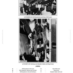 May include: Diagram showing mechanical components with labels A to F. Text details shift quadrants, gear shift levers, and a Bowden cable. Instructions are provided for adjusting the park lock shift quadrant. Measurements are in cm.
