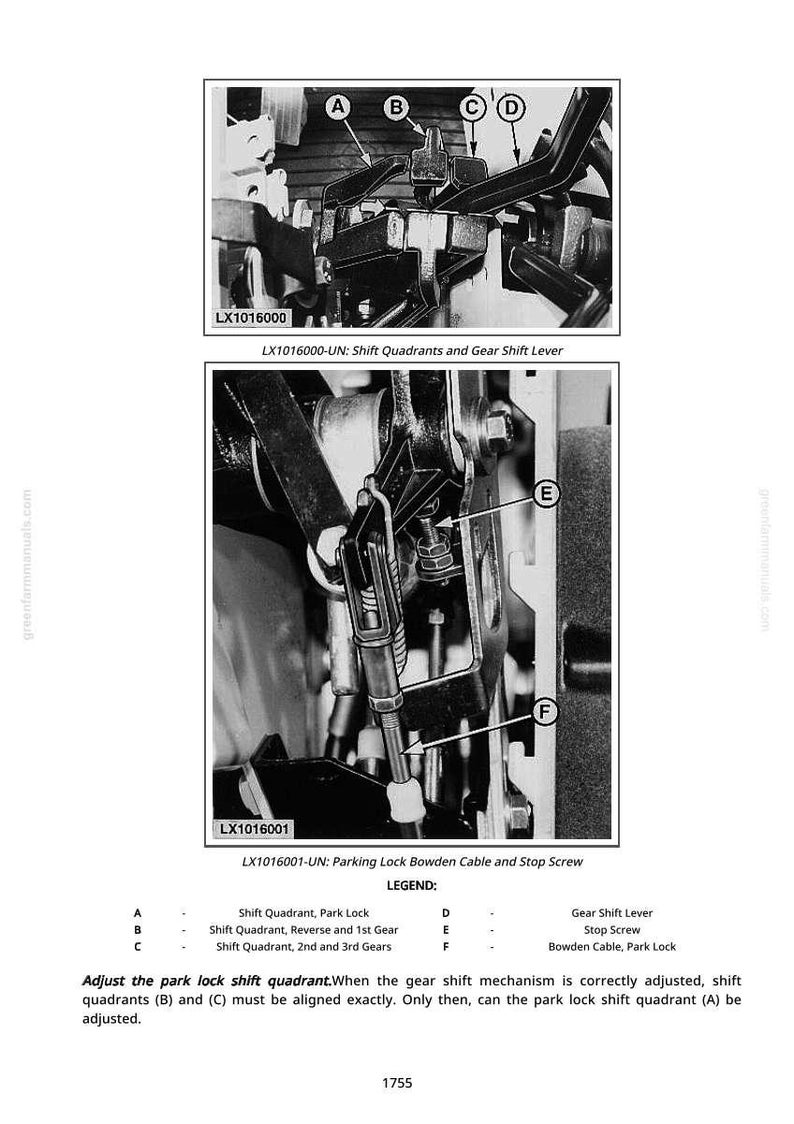 May include: Diagram showing mechanical components with labels A to F. Text details shift quadrants, gear shift levers, and a Bowden cable. Instructions are provided for adjusting the park lock shift quadrant. Measurements are in cm.
