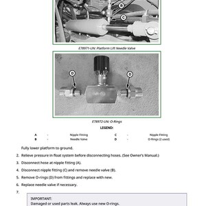 May include: Diagram of a platform lift needle valve and O-rings, with labels and a legend. The image includes close-ups of the valve and fittings, along with instructions for maintenance and replacement. Text includes "E78971-UN" and "E78972-UN".