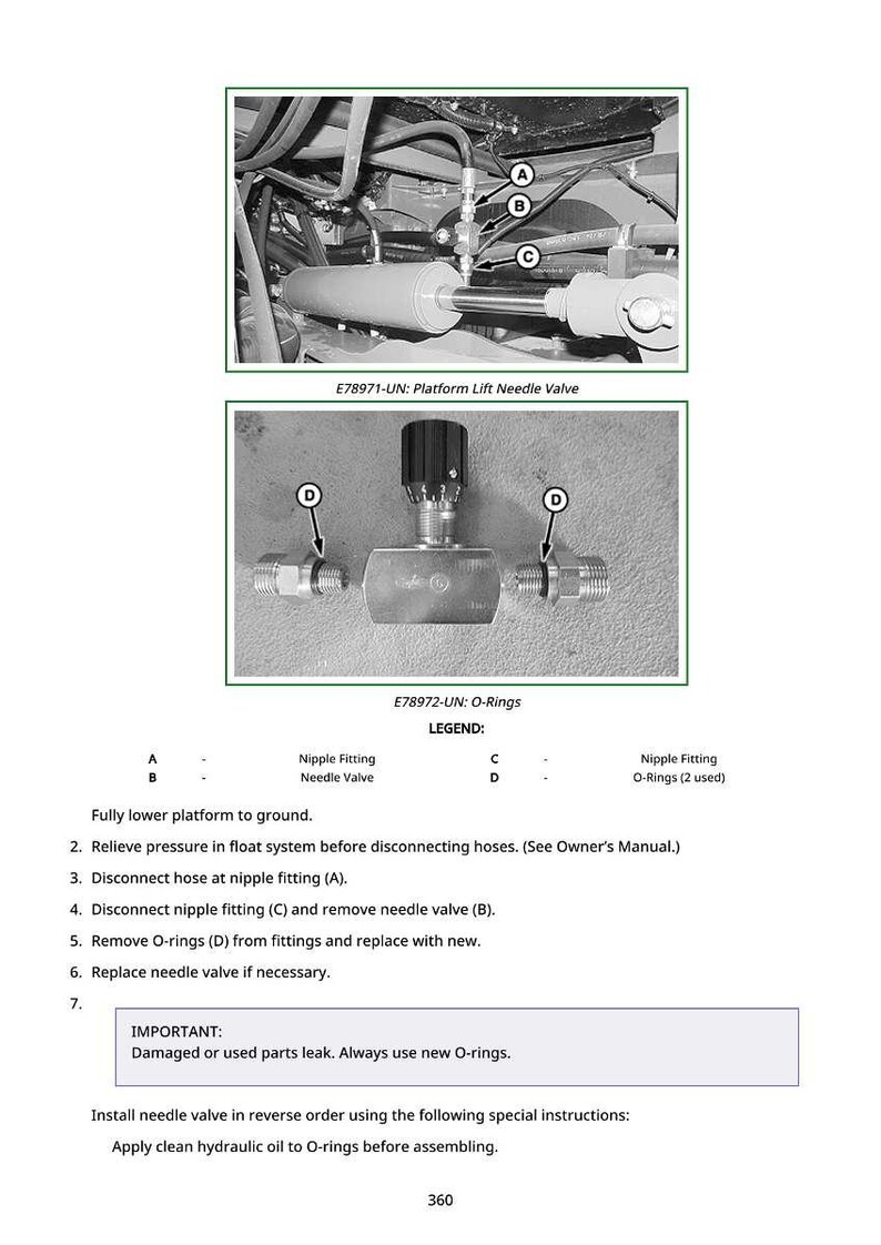 May include: Diagram of a platform lift needle valve and O-rings, with labels and a legend. The image includes close-ups of the valve and fittings, along with instructions for maintenance and replacement. Text includes "E78971-UN" and "E78972-UN".