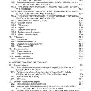 May include: A page from a manual titled "INDICE" with a list of technical specifications and part numbers. The text is in Italian, with sections on transmission, auxiliary circuits, and electronic diagnostics.