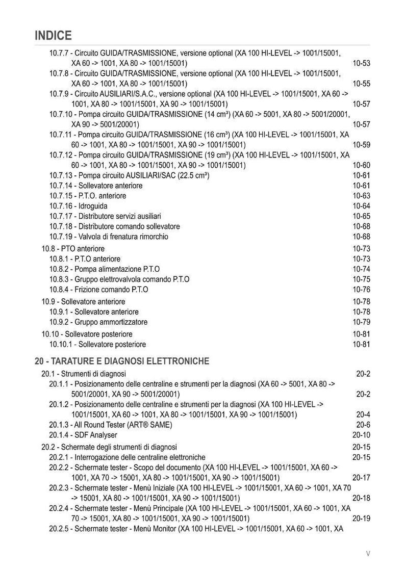 May include: A page from a manual titled "INDICE" with a list of technical specifications and part numbers. The text is in Italian, with sections on transmission, auxiliary circuits, and electronic diagnostics.