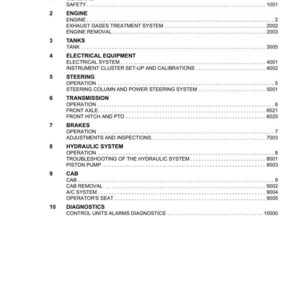 May include: A page from a tractor manual showing a 'Table of Contents'. Sections include General Safety, Engine, Tanks, Electrical Equipment, Steering, Transmission, Brakes, Hydraulic System, Cab, and Diagnostics. The document is for a 7 Series Robo-Six SWB.