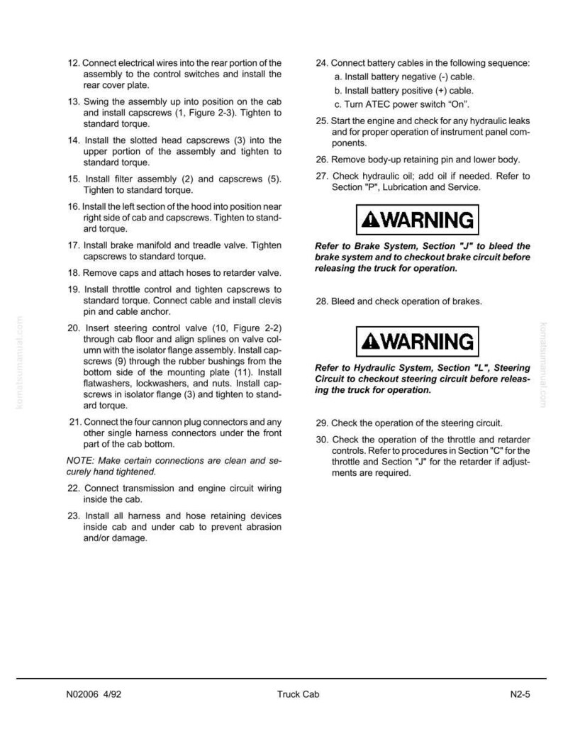 May include: A page from a truck cab manual with numbered instructions and warnings. The text includes steps for electrical connections, installing components, and safety procedures. The document features diagrams and technical details.