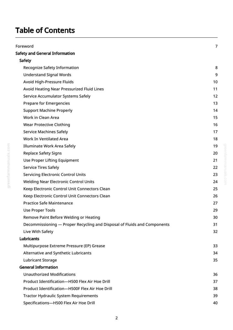 May include: A printed page titled "Table of Contents" from a manual. The table lists safety and general information topics, including safety procedures, equipment maintenance, and specific product identification details.