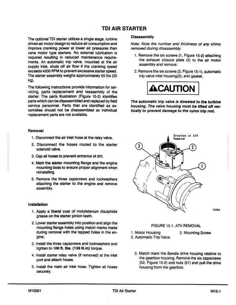May include: A page from a manual titled "TDI Air Starter" with instructions for disassembly, removal, and installation. Includes diagrams of parts and components, with measurements in pounds and inches.