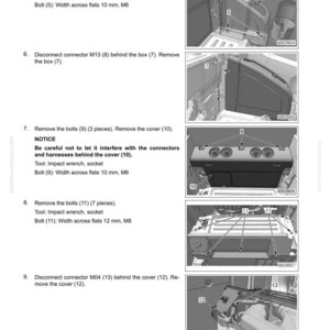 May include: Diagram from a manual showing steps to troubleshoot a controller. The image includes numbered steps with accompanying illustrations of components, tools, and bolts. Text includes instructions for removing bolts, screws, and connectors.