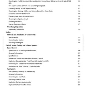 Op de afbeelding: Een pagina uit een handleiding met een inhoudsopgave. De tekst omvat secties over motoronderhoud, brandstofsystemen en snelheidsregeling. Pagina nummer 5.
