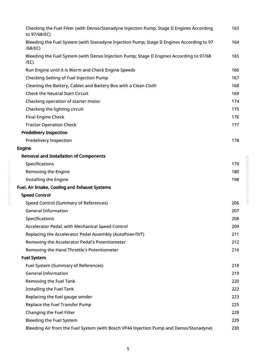Op de afbeelding: Een pagina uit een handleiding met een inhoudsopgave. De tekst omvat secties over motoronderhoud, brandstofsystemen en snelheidsregeling. Pagina nummer 5.