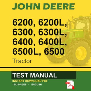 May include: A John Deere tractor is featured on a yellow background. The text includes "JOHN DEERE" in green, tractor model numbers, and "Tractor." Below, a green banner reads "TEST MANUAL" and "INSTANT DOWNLOAD PDF."
