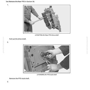 May include: Image from a manual showing steps to remove a PTO clutch. The image includes diagrams of a person using tools to remove parts. Text on the image reads "Remove the PTO Clutch" and "Pull out the drive shaft."