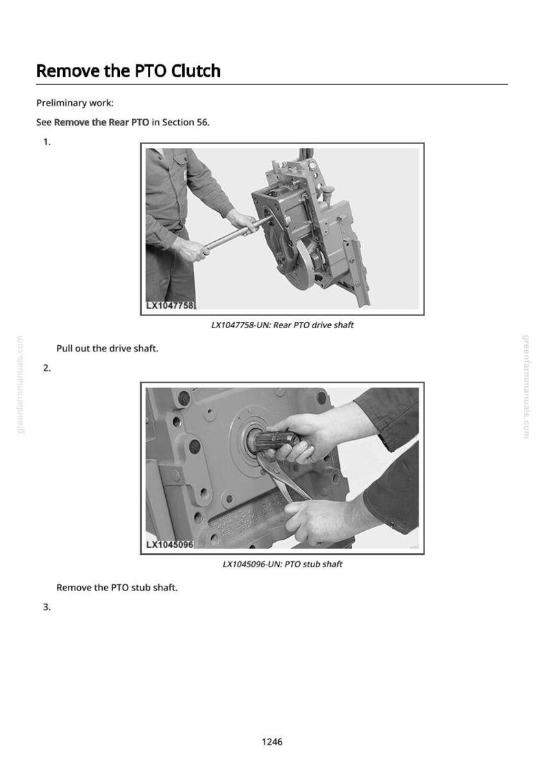 May include: Image from a manual showing steps to remove a PTO clutch. The image includes diagrams of a person using tools to remove parts. Text on the image reads "Remove the PTO Clutch" and "Pull out the drive shaft."