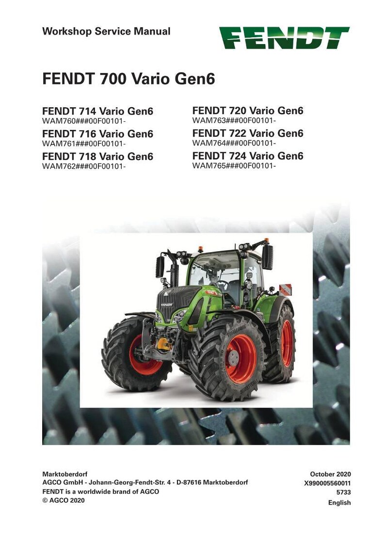 May include: A workshop service manual for Fendt 700 Vario Gen6 tractors. The image features a green and black tractor with large tires and orange rims. The manual lists various tractor models and specifications.