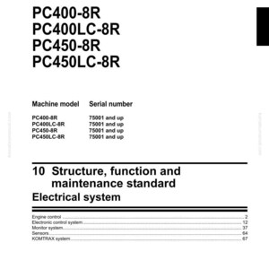 Puede incluir: Manual de taller para una excavadora hidr&aacute;ulica, modelos PC400-8R, PC400LC-8R, PC450-8R y PC450LC-8R. El documento incluye secciones sobre estructura, funci&oacute;n, mantenimiento y el sistema el&eacute;ctrico. El logotipo de Komatsu es visible.