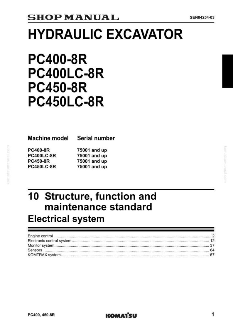 Puede incluir: Manual de taller para una excavadora hidr&aacute;ulica, modelos PC400-8R, PC400LC-8R, PC450-8R y PC450LC-8R. El documento incluye secciones sobre estructura, funci&oacute;n, mantenimiento y el sistema el&eacute;ctrico. El logotipo de Komatsu es visible.