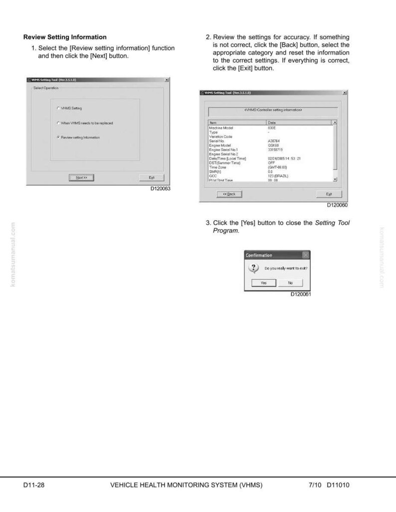 May include: A page from a manual detailing the Vehicle Health Monitoring System (VHMS). It shows screenshots of software interfaces with options to review settings and confirm actions. Text includes instructions and system information.