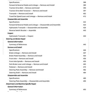 May include: A page from a repair manual with a table of contents. The text is black on a white background, listing various repair procedures for drivetrains, steering, brakes, and machine-specific repairs. Page numbers are listed on the right.
