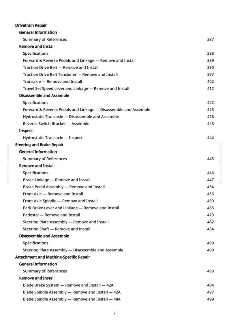 May include: A page from a repair manual with a table of contents. The text is black on a white background, listing various repair procedures for drivetrains, steering, brakes, and machine-specific repairs. Page numbers are listed on the right.