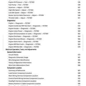 May include: A white page with a detailed table of contents for engine diagnostics and electrical operation, including topics like "Engine Cranks but Will Not Start" and "Wire Color Abbreviation Chart."