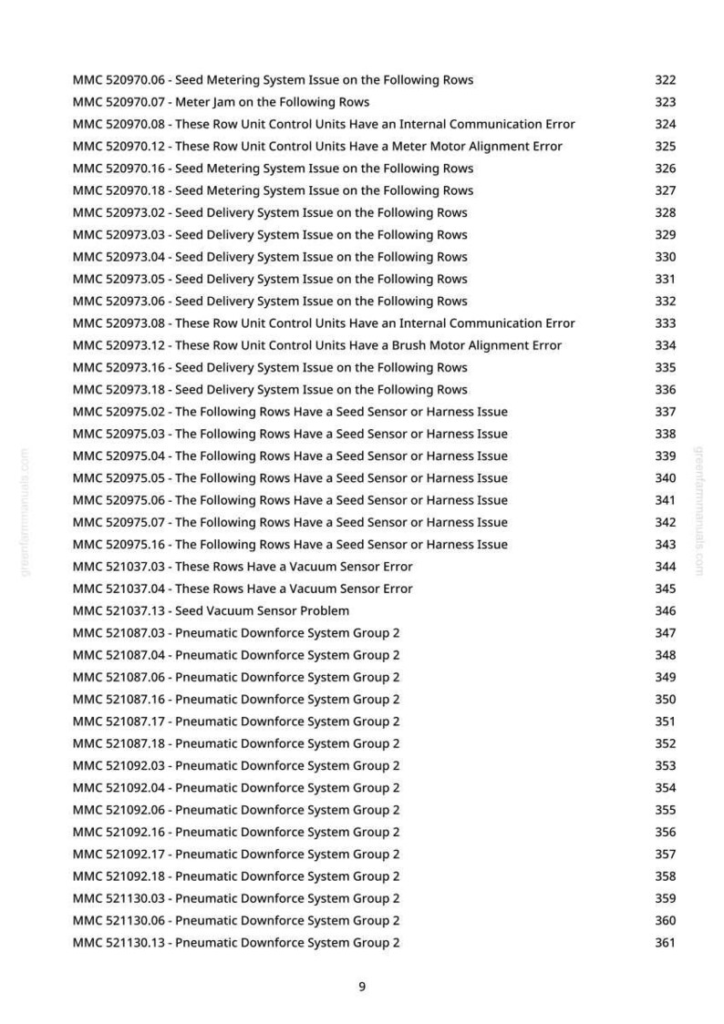 May include: A printed page from a manual, listing various system issues and errors, such as seed metering, vacuum sensor, and pneumatic downforce problems. The document includes a list of codes and descriptions.