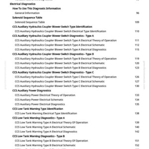 May include: A page from a manual with a table of contents. The text includes titles such as "Electrical Diagnostics", "CCS Auxiliary Hydraulics", and "CCS Low Tank Warning Diagnostics". Page numbers are listed on the right.